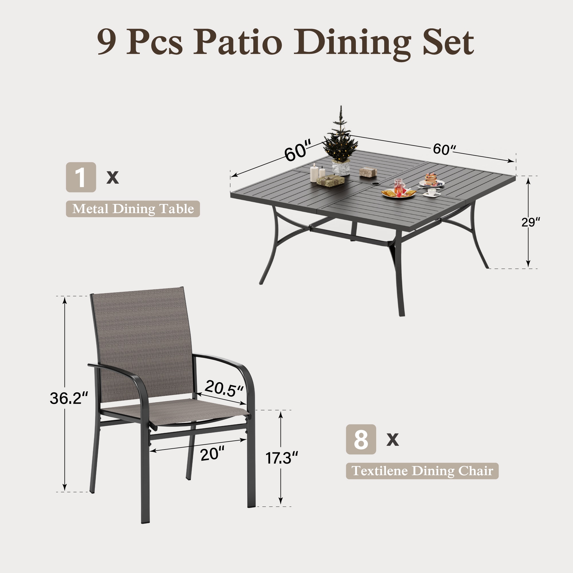 Sunshine Valley Outdoor Table and Chairs 9 -Piece Black Patio Dining Set Steel Square Table with 8 Brown Stationary Chairs