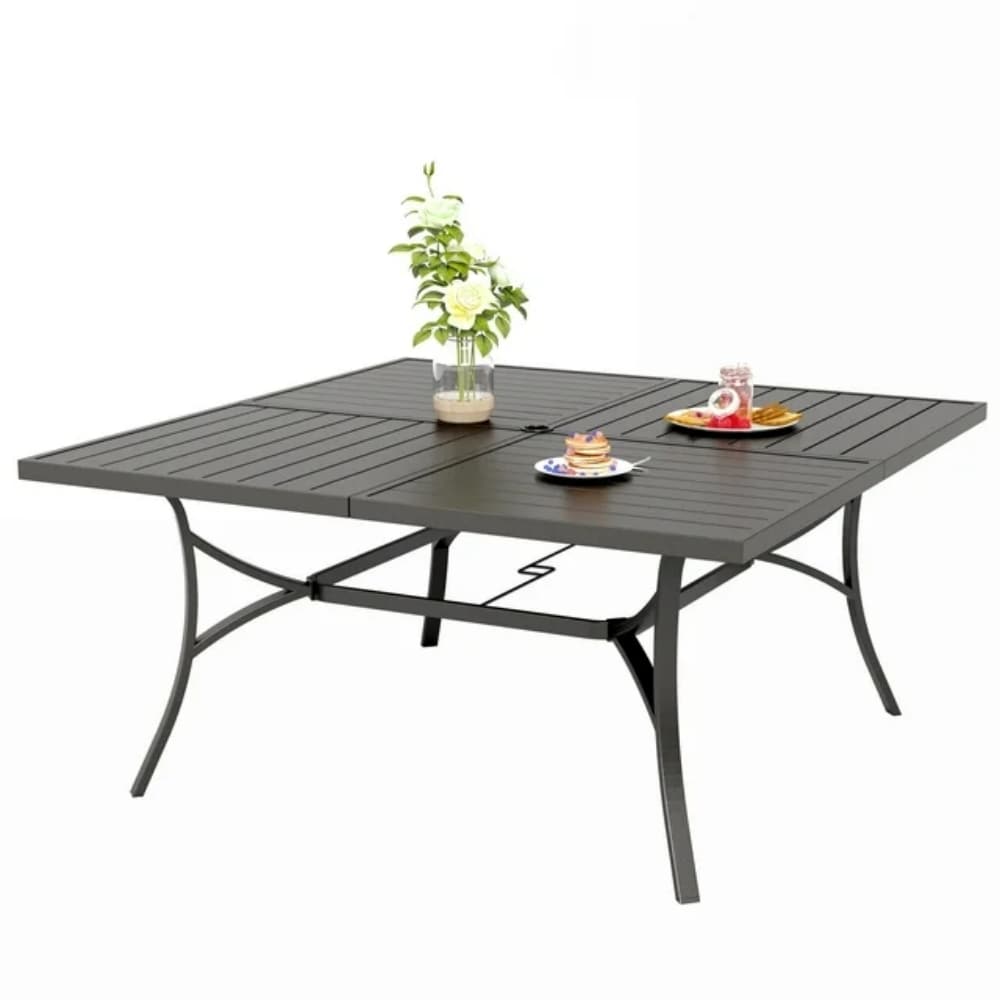 Sunshine Valley Outdoor Table and Chairs 9 -Piece Black Patio Dining Set Steel Square Table with 8 Brown Stationary Chairs