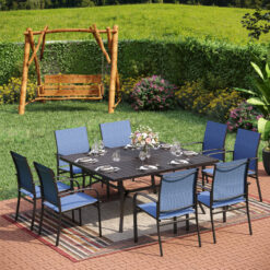 Sunshine Valley Outdoor Table and Chairs 9 -Piece Black Patio Dining Set Steel Square Table with 8 Blue Stationary Chairs