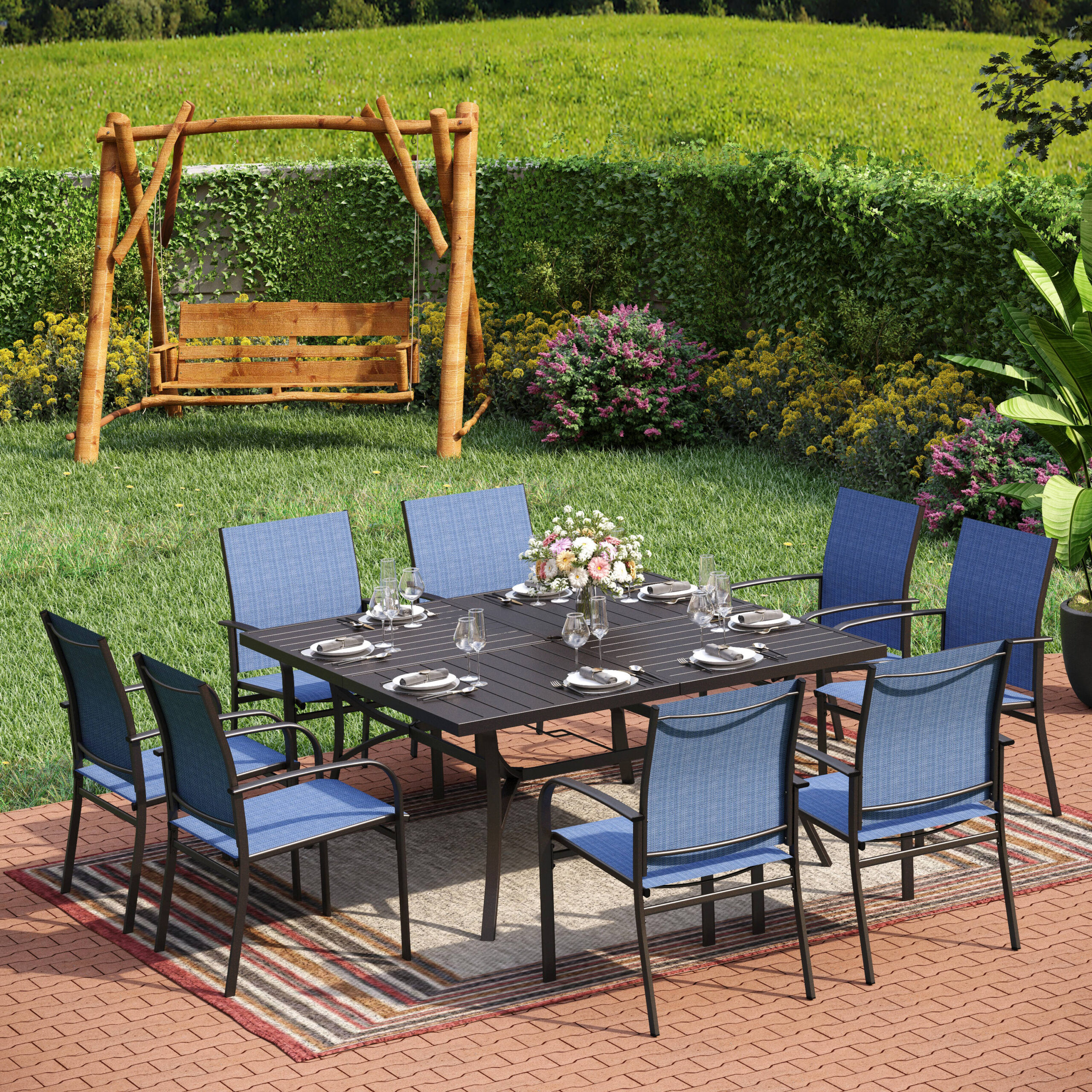 Sunshine Valley Outdoor Table and Chairs 9 -Piece Black Patio Dining Set Steel Square Table with 8 Blue Stationary Chairs