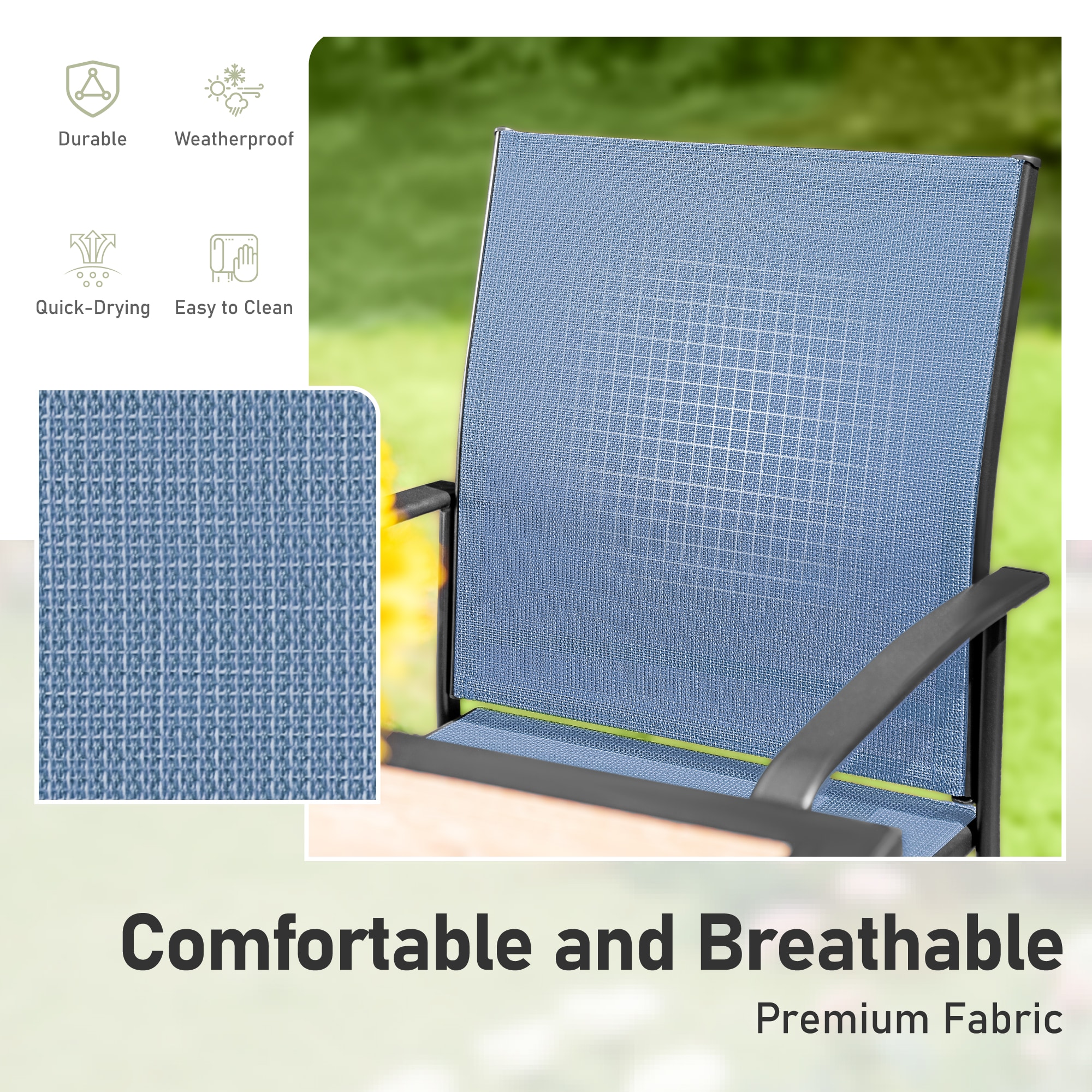 Sunshine Valley Outdoor Table and Chairs 9 -Piece Black Patio Dining Set Steel Square Table with 8 Blue Stationary Chairs