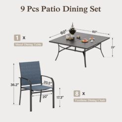 Sunshine Valley Outdoor Table and Chairs 9 -Piece Black Patio Dining Set Steel Square Table with 8 Blue Stationary Chairs