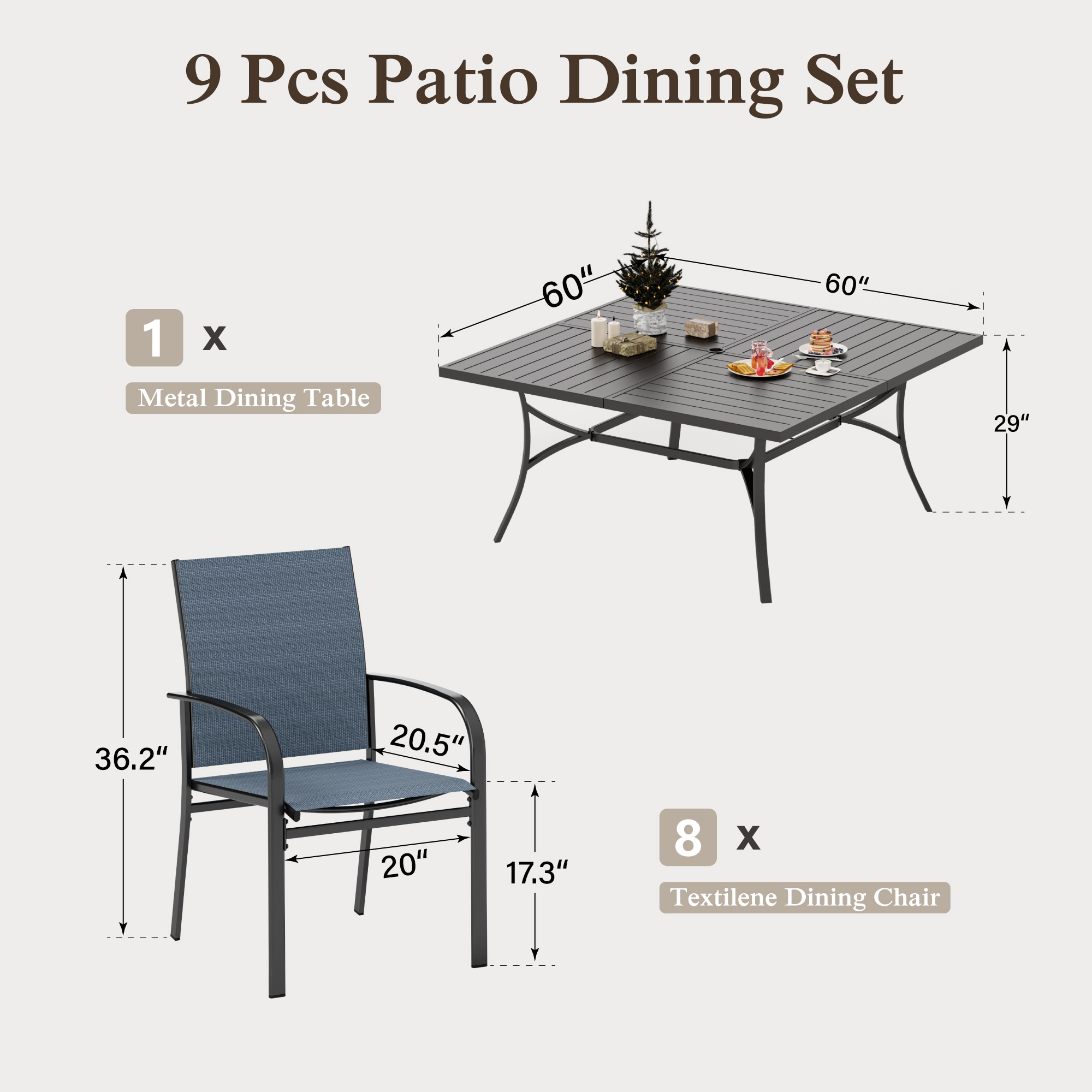 Sunshine Valley Outdoor Table and Chairs 9 -Piece Black Patio Dining Set Steel Square Table with 8 Blue Stationary Chairs