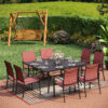 Sunshine Valley Outdoor Table and Chairs 9 -Piece Black Patio Dining Set Steel Square Table with 8 Red Stationary Chairs