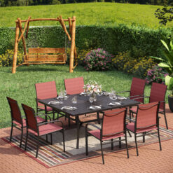 Sunshine Valley Outdoor Table and Chairs 9 -Piece Black Patio Dining Set Steel Square Table with 8 Red Stationary Chairs