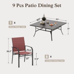 Sunshine Valley Outdoor Table and Chairs 9 -Piece Black Patio Dining Set Steel Square Table with 8 Red Stationary Chairs