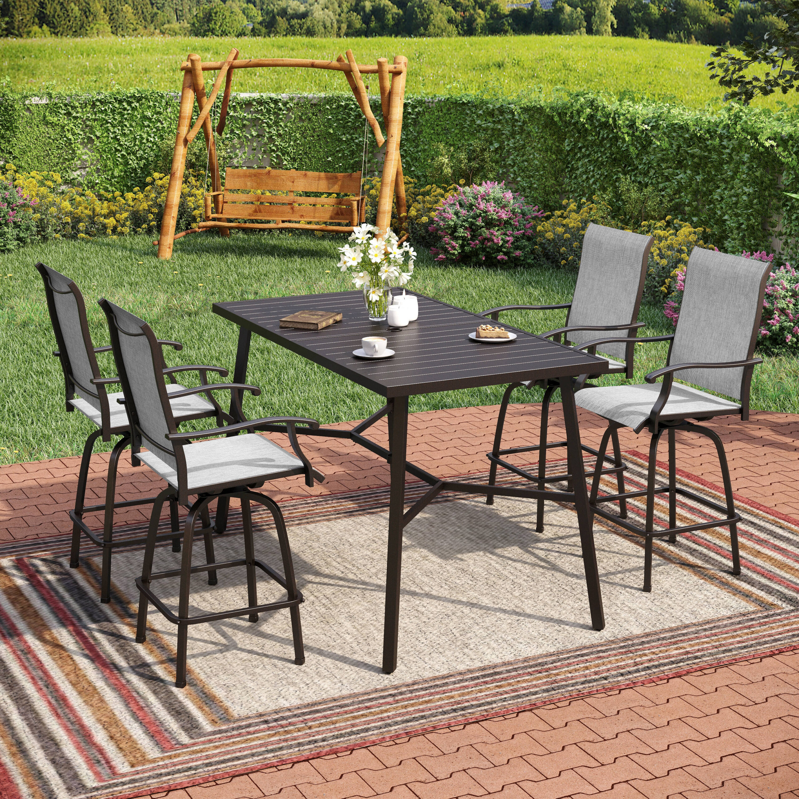 Sunshine Valley Outdoor Table and Chairs 5 -Piece Black Counter height Steel Rectangle Table with 4 Gray Swivel Chairs