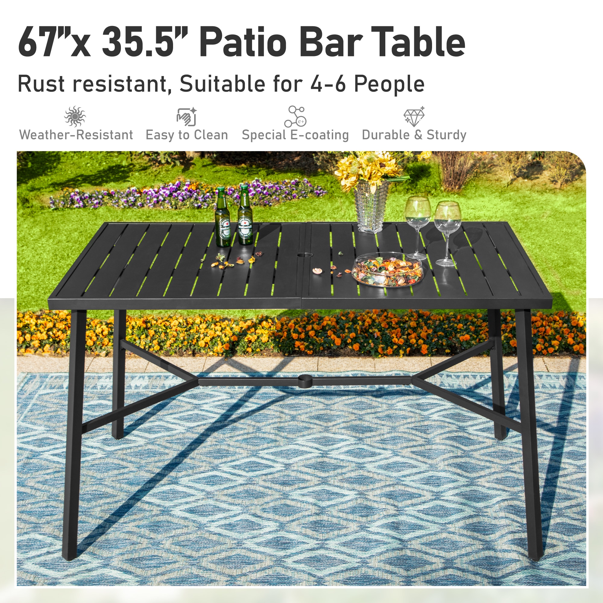 Sunshine Valley Outdoor Table and Chairs 5 -Piece Black Counter height Steel Rectangle Table with 4 Gray Swivel Chairs