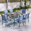 Sunshine Valley Outdoor Table and Chairs 7 -Piece Black Patio Dining Set Steel Rectangle Table with 6 Blue Stationary Chairs