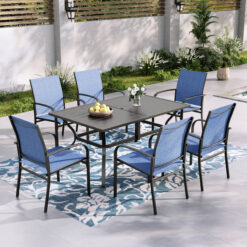 Sunshine Valley Outdoor Table and Chairs 7 -Piece Black Patio Dining Set Steel Rectangle Table with 6 Blue Stationary Chairs
