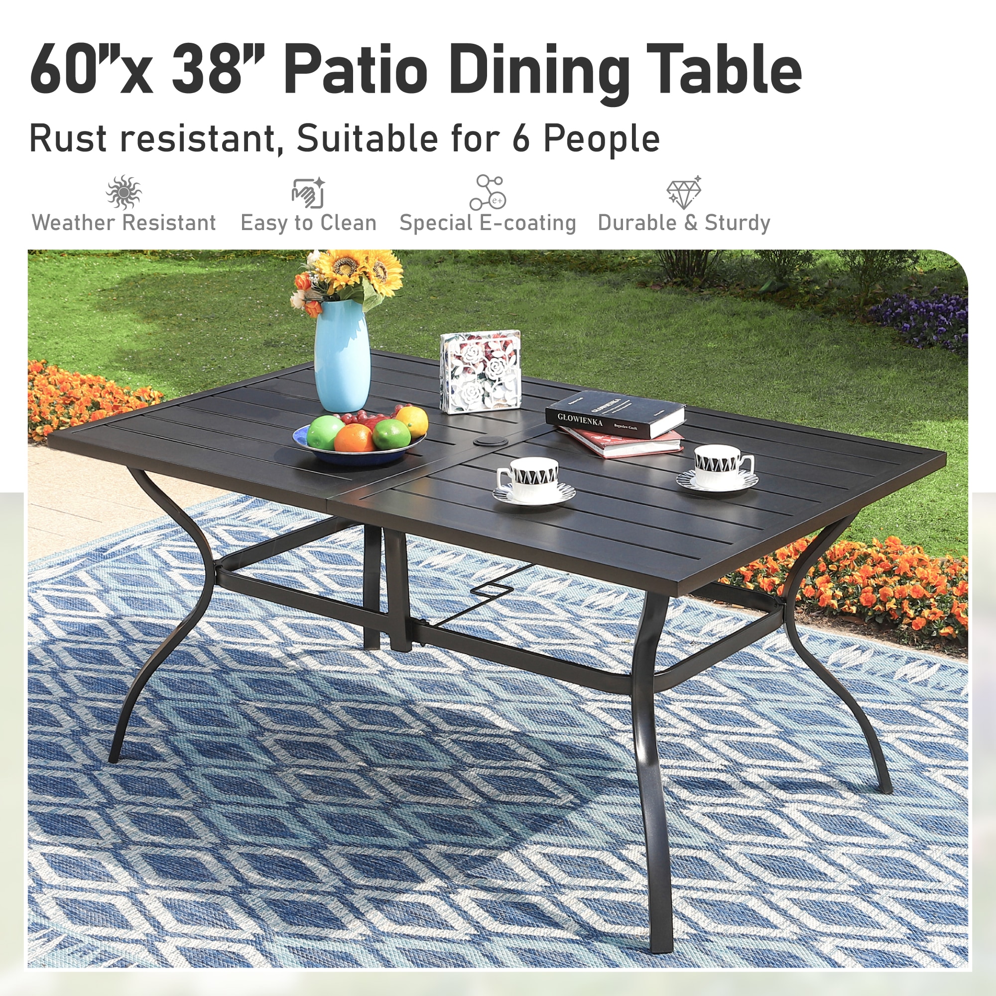 Sunshine Valley Outdoor Table and Chairs 7 -Piece Black Patio Dining Set Steel Rectangle Table with 6 Blue Stationary Chairs