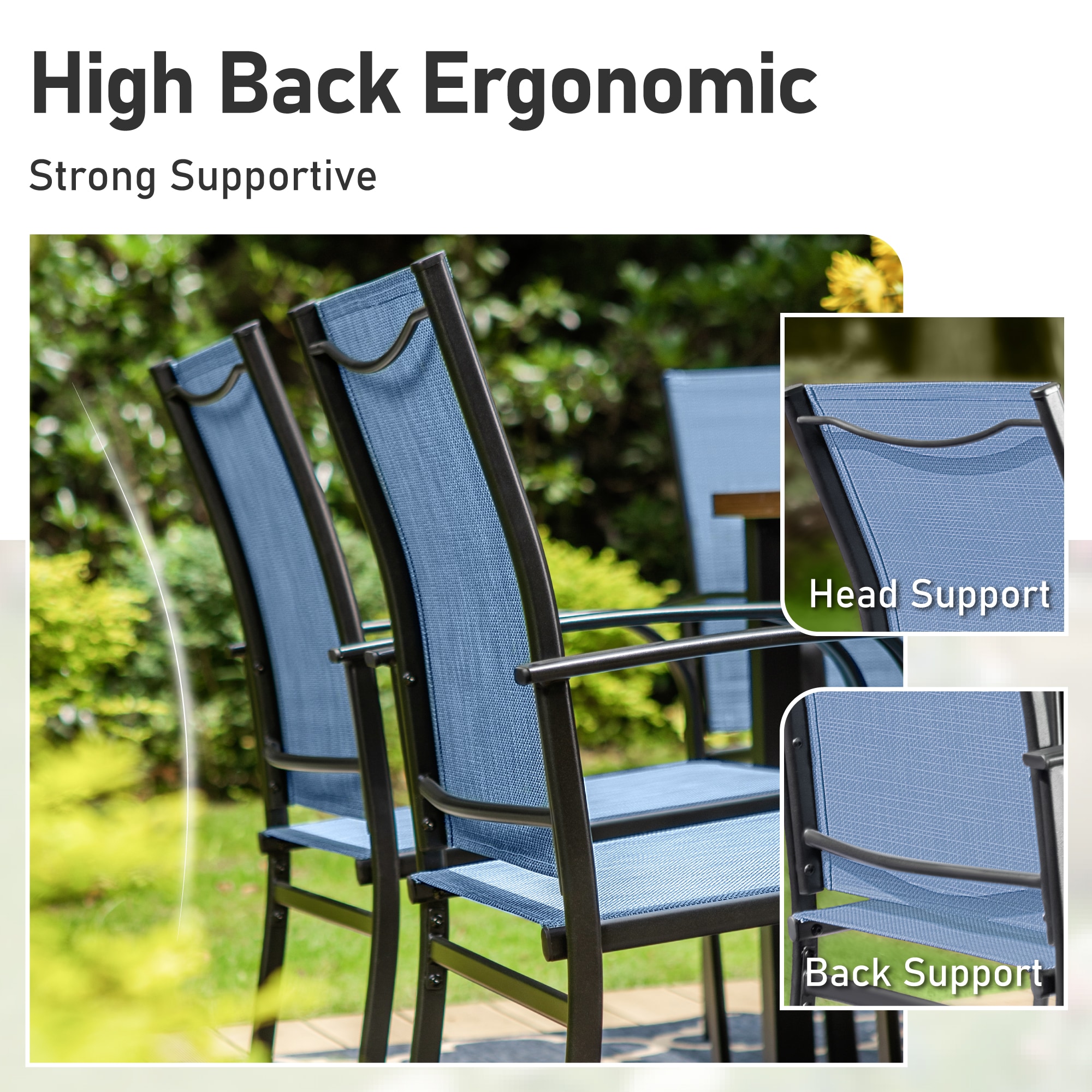 Sunshine Valley Outdoor Table and Chairs 7 -Piece Black Patio Dining Set Steel Rectangle Table with 6 Blue Stationary Chairs