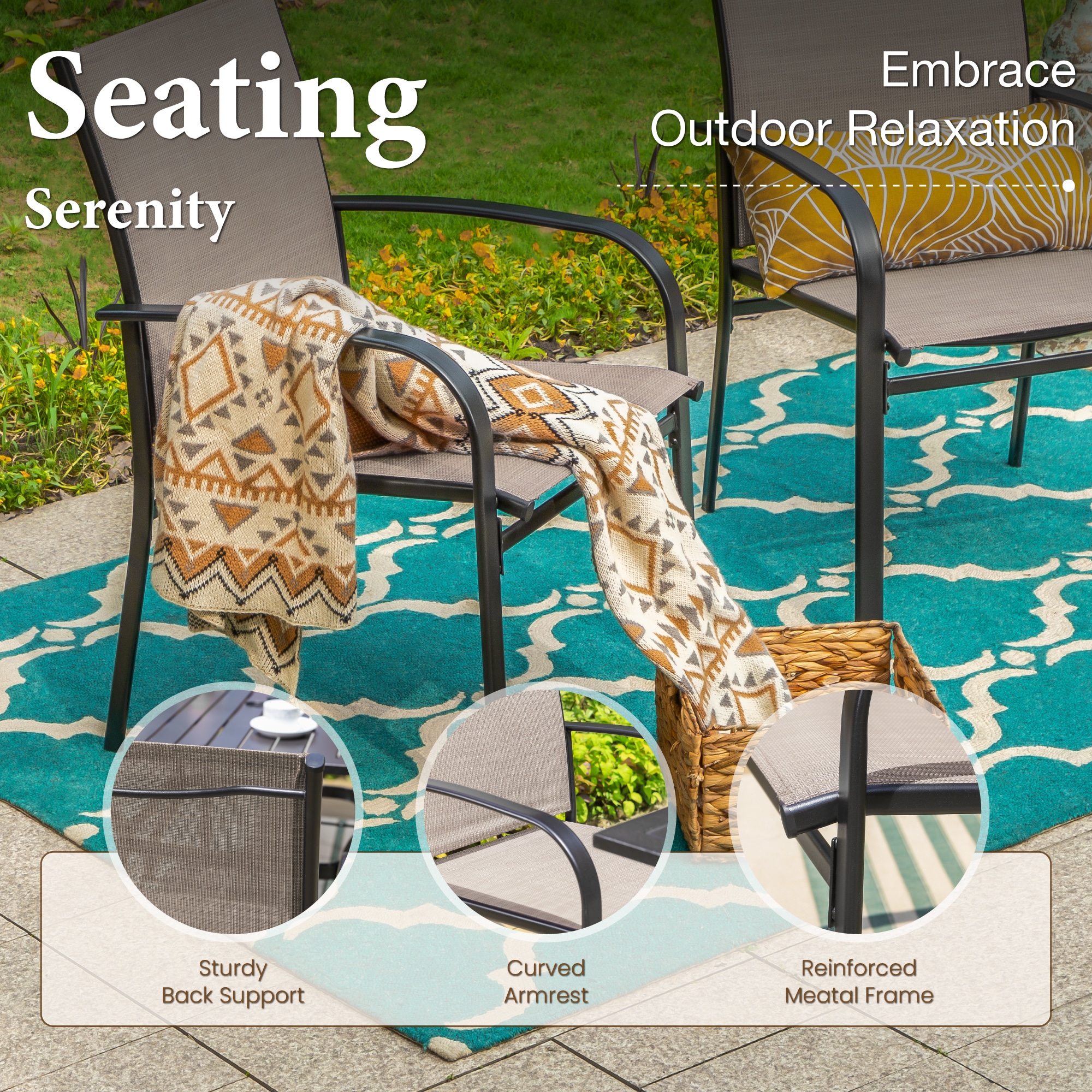 Sunshine Valley Outdoor Table and Chairs 6 -Piece Black Patio Dining Set Steel Square Table with 4 Gray Stationary Chairs and Umbrella Included