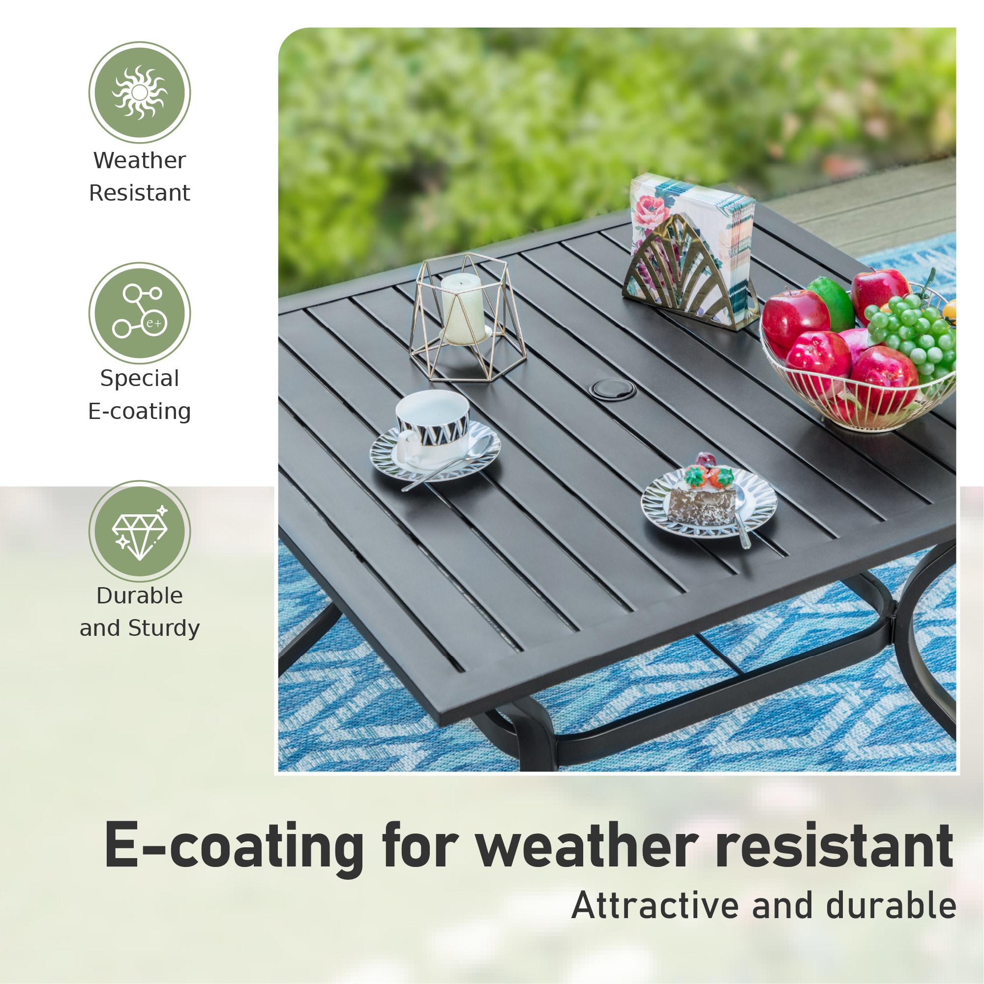 Sunshine Valley Outdoor Table and Chairs 6 -Piece Black Patio Dining Set Steel Square Table with 4 Gray Stationary Chairs and Umbrella Included