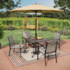 Sunshine Valley Outdoor Table and Chairs 6 -Piece Black Patio Dining Set Steel Square Table with 4 Gray Stationary Chairs and Umbrella Included