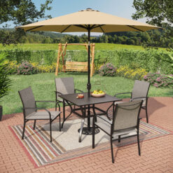 Sunshine Valley Outdoor Table and Chairs 6 -Piece Black Patio Dining Set Steel Square Table with 4 Gray Stationary Chairs and Umbrella Included