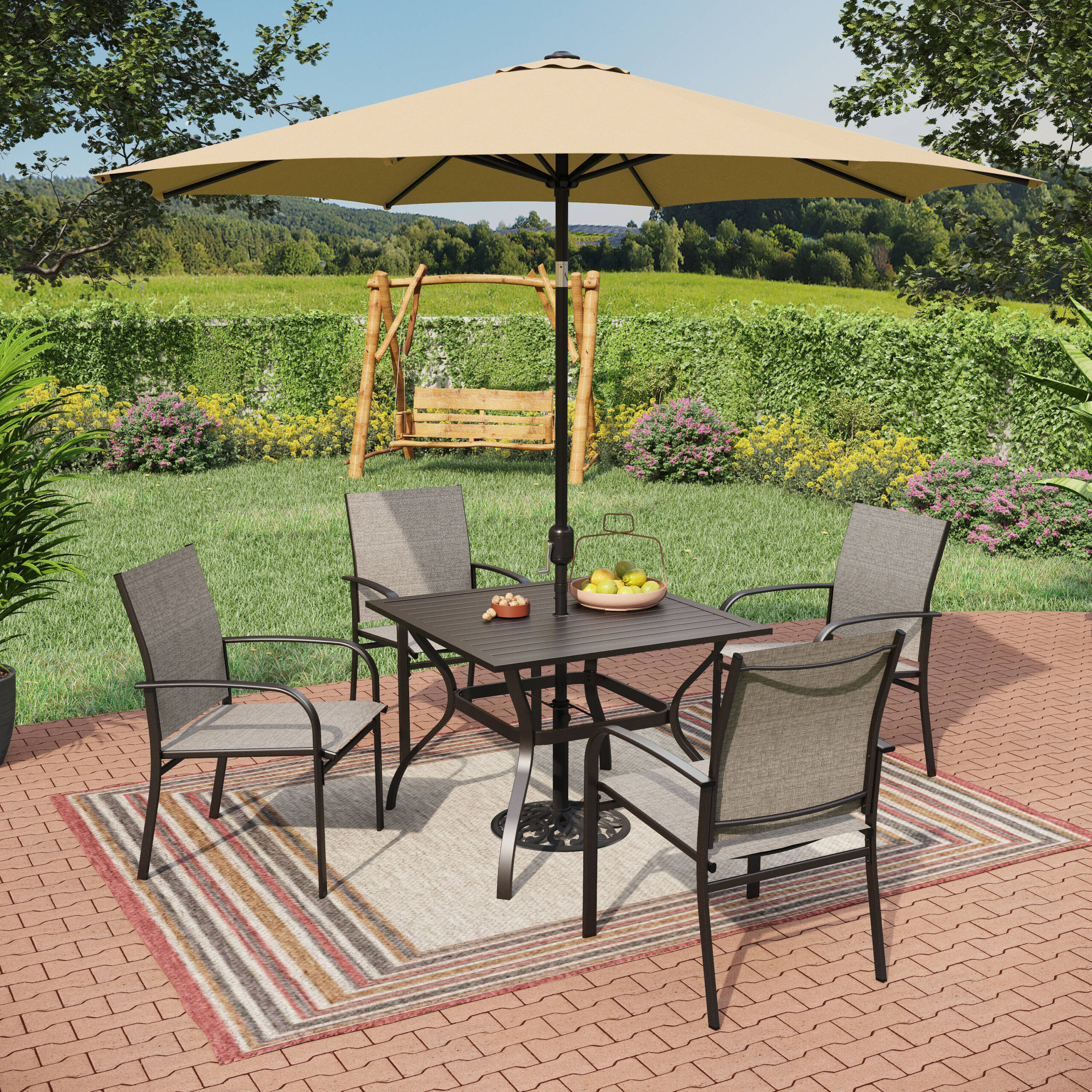 Sunshine Valley Outdoor Table and Chairs 6 -Piece Black Patio Dining Set Steel Square Table with 4 Gray Stationary Chairs and Umbrella Included