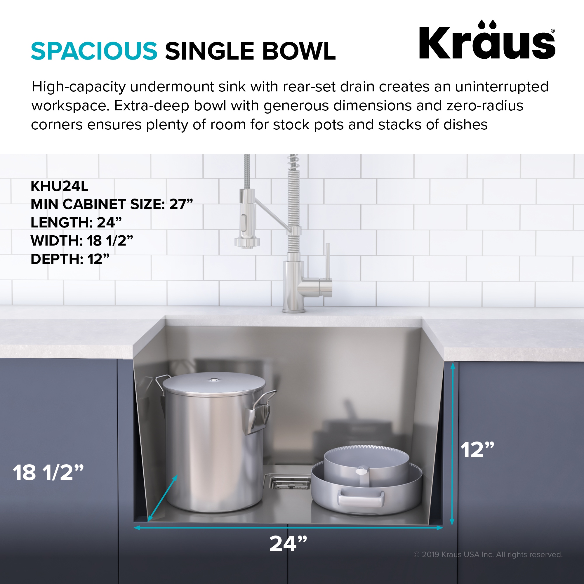 Kraus 18.5-in x 24-in 1 -Basin Stainless steel Undermount Laundry sink with Drain