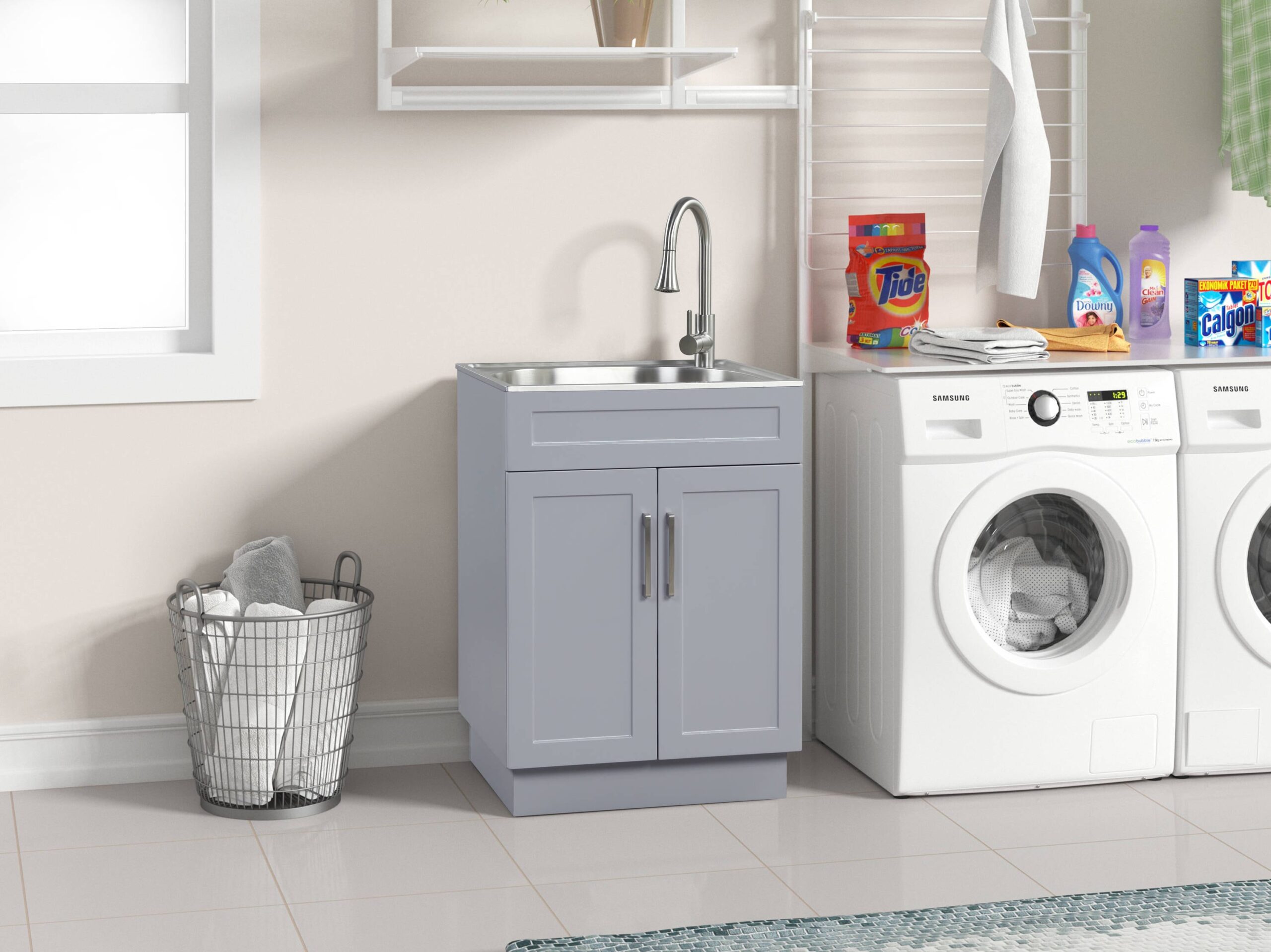 Style Selections 21.4-in x 24.1-in 1 -Basin Light Gray Freestanding Utility tub with Cabinet with Drain with Faucet