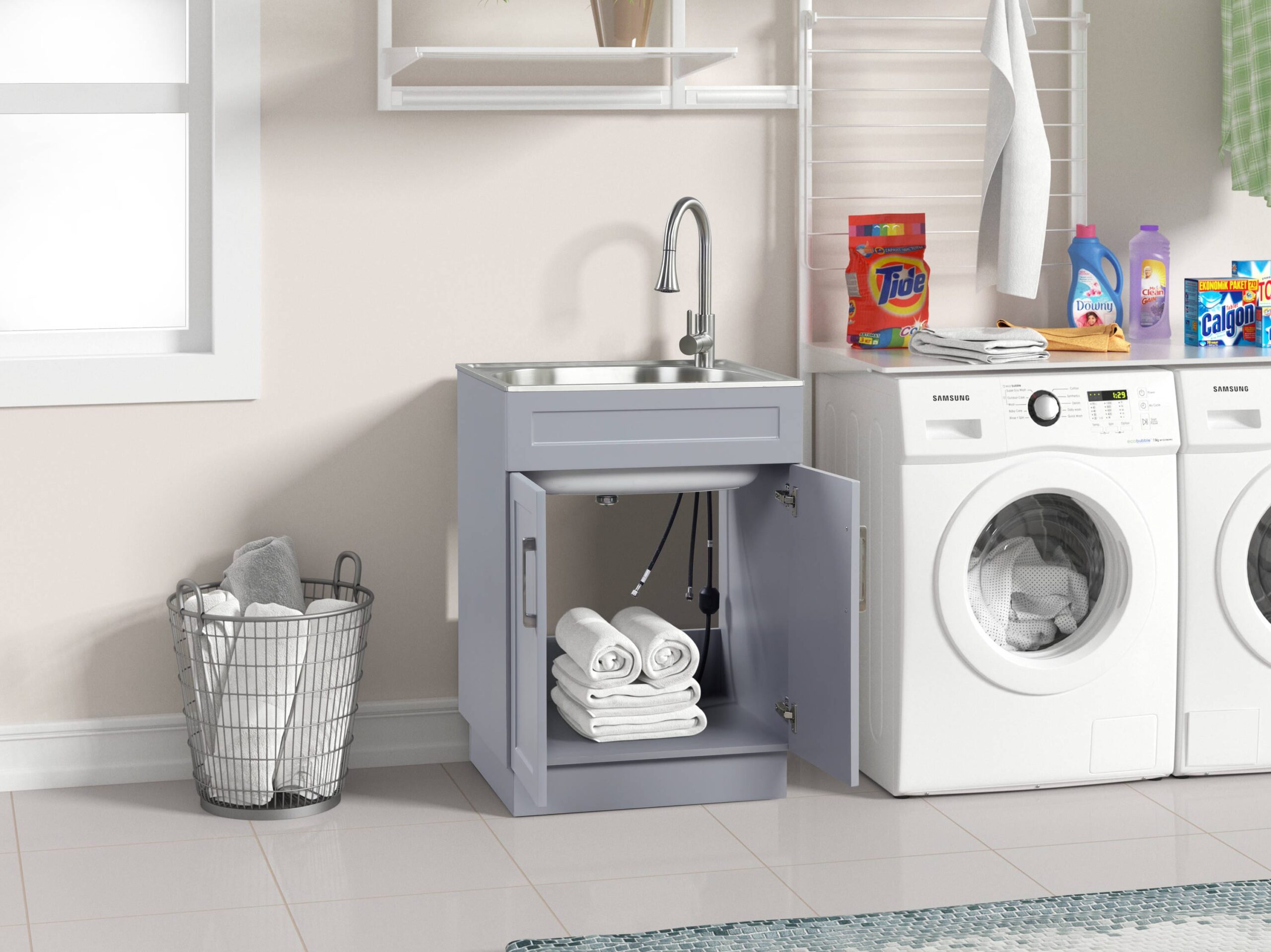 Style Selections 21.4-in x 24.1-in 1 -Basin Light Gray Freestanding Utility tub with Cabinet with Drain with Faucet
