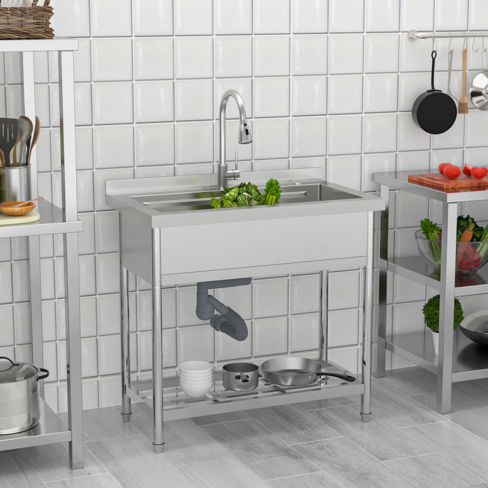Lordear Workstation Utility Tub 36-in x 21-in 1 -Basin Stainless Steel Freestanding Laundry sink with Drain with Faucet