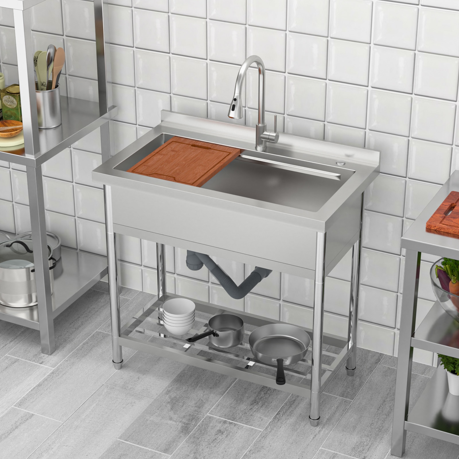 Lordear Workstation Utility Tub 36-in x 21-in 1 -Basin Stainless Steel Freestanding Laundry sink with Drain with Faucet
