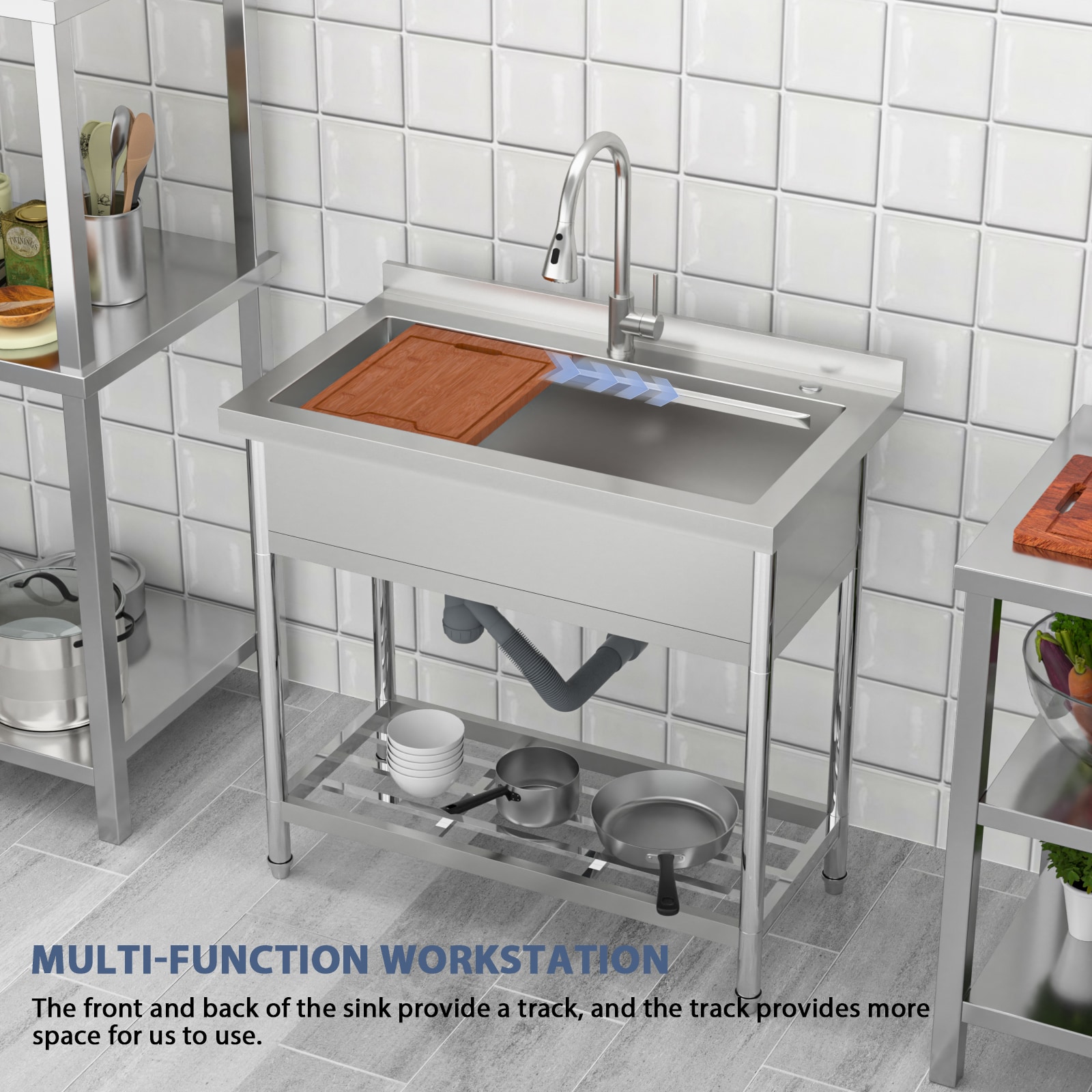Lordear Workstation Utility Tub 36-in x 21-in 1 -Basin Stainless Steel Freestanding Laundry sink with Drain with Faucet
