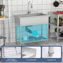 Lordear Workstation Utility Tub 36-in x 21-in 1 -Basin Stainless Steel Freestanding Laundry sink with Drain with Faucet