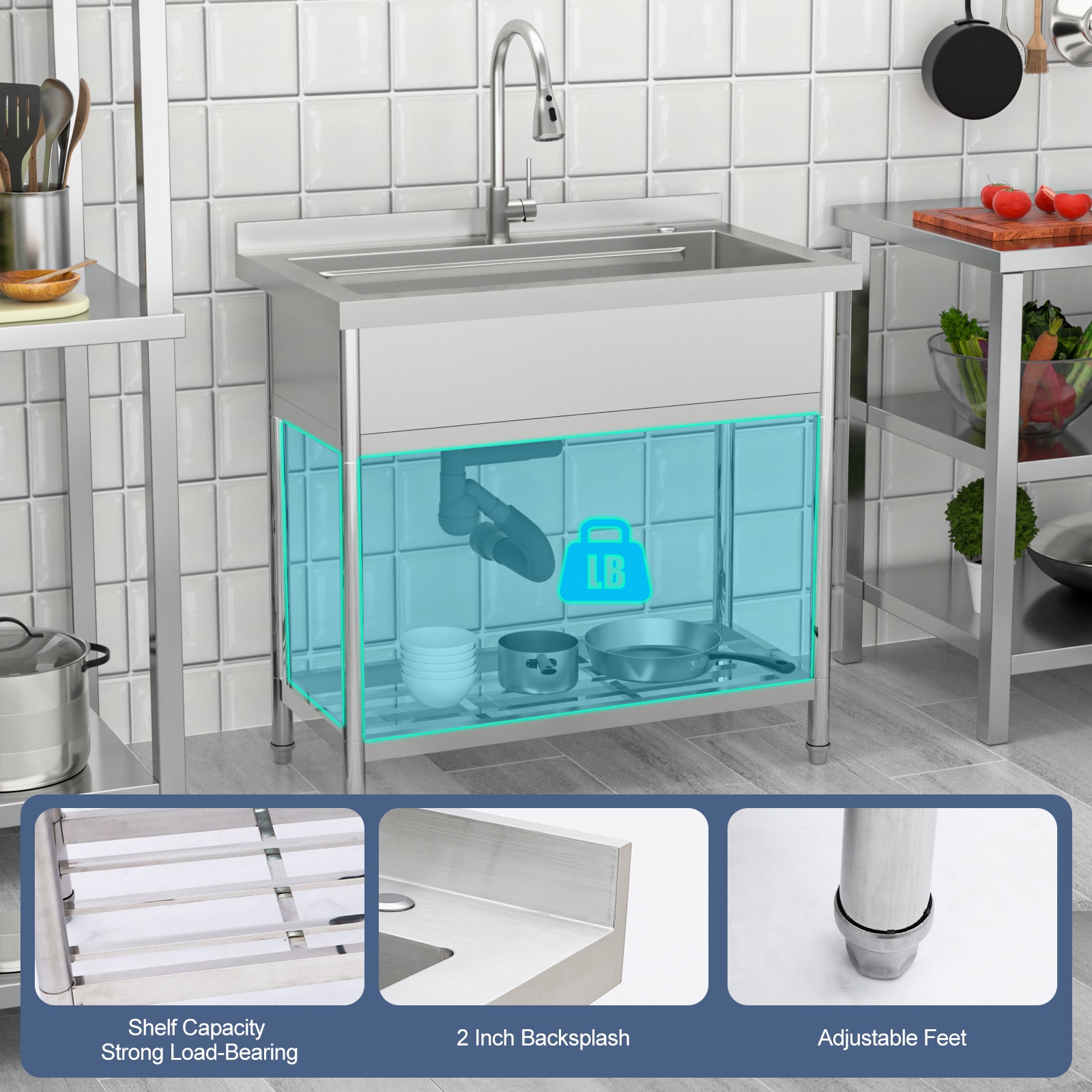 Lordear Workstation Utility Tub 36-in x 21-in 1 -Basin Stainless Steel Freestanding Laundry sink with Drain with Faucet