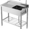 Garvee Stainless Steel Utility Sink Freestanding Single Bowl Laundry Tub with Hot Cold Faucet Workbench for Laundry Room Garage Workshop