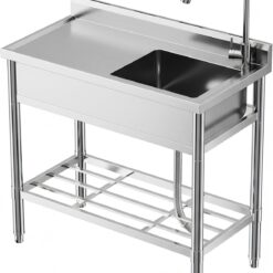 Garvee Stainless Steel Utility Sink Freestanding Single Bowl Laundry Tub with Hot Cold Faucet Workbench for Laundry Room Garage Workshop