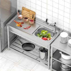 Garvee Stainless Steel Utility Sink Freestanding Single Bowl Laundry Tub with Hot Cold Faucet Workbench for Laundry Room Garage Workshop