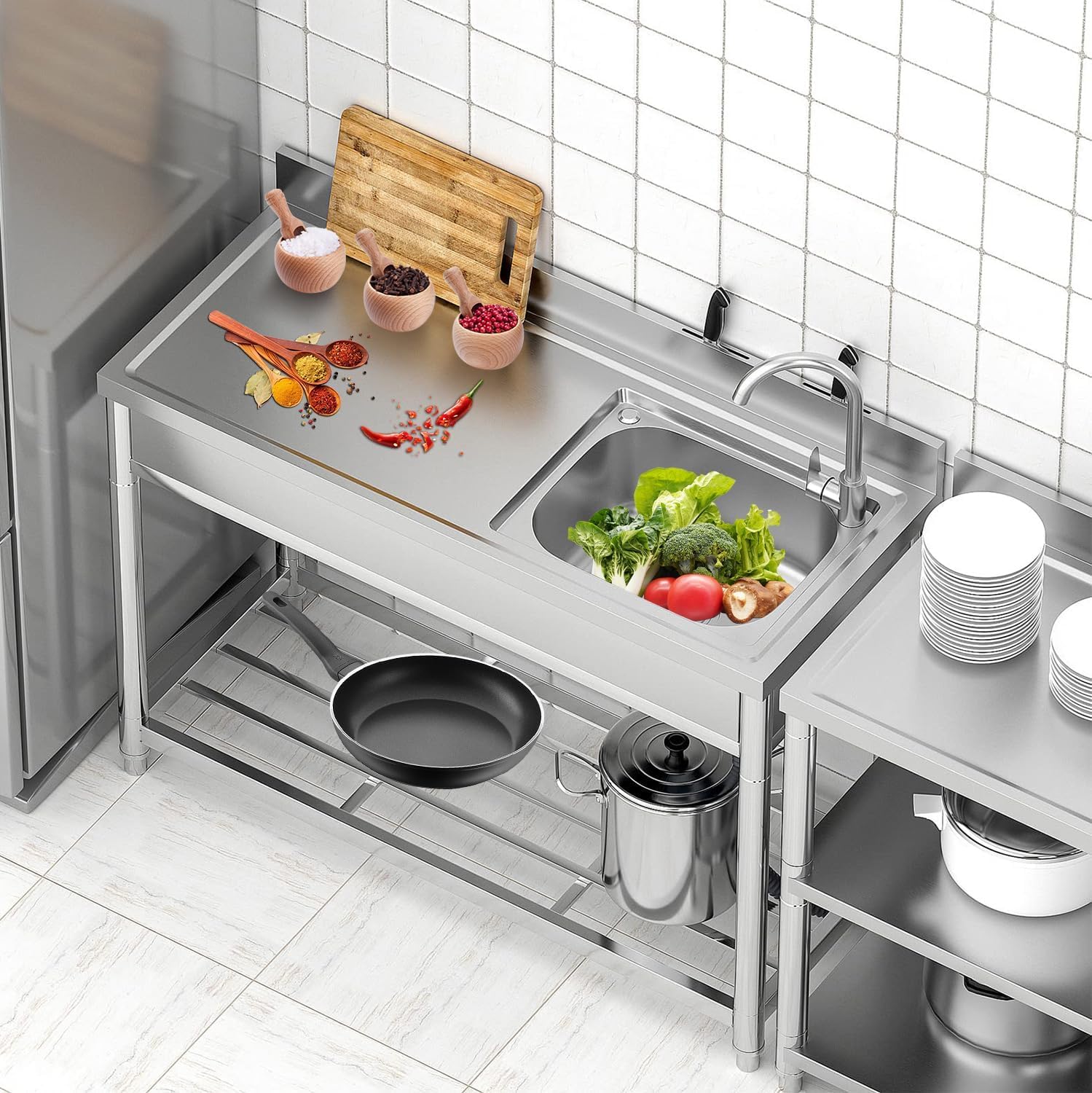 Garvee Stainless Steel Utility Sink Freestanding Single Bowl Laundry Tub with Hot Cold Faucet Workbench for Laundry Room Garage Workshop