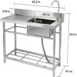 Garvee 47.2 x 33.5 x 19.7Inch Stainless Steel Utility Sink Freestanding Single Bowl with Pull-Out Hot and Cold Faucet