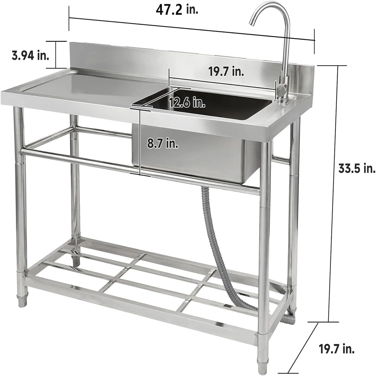 Garvee 47.2 x 33.5 x 19.7Inch Stainless Steel Utility Sink Freestanding Single Bowl with Pull-Out Hot and Cold Faucet