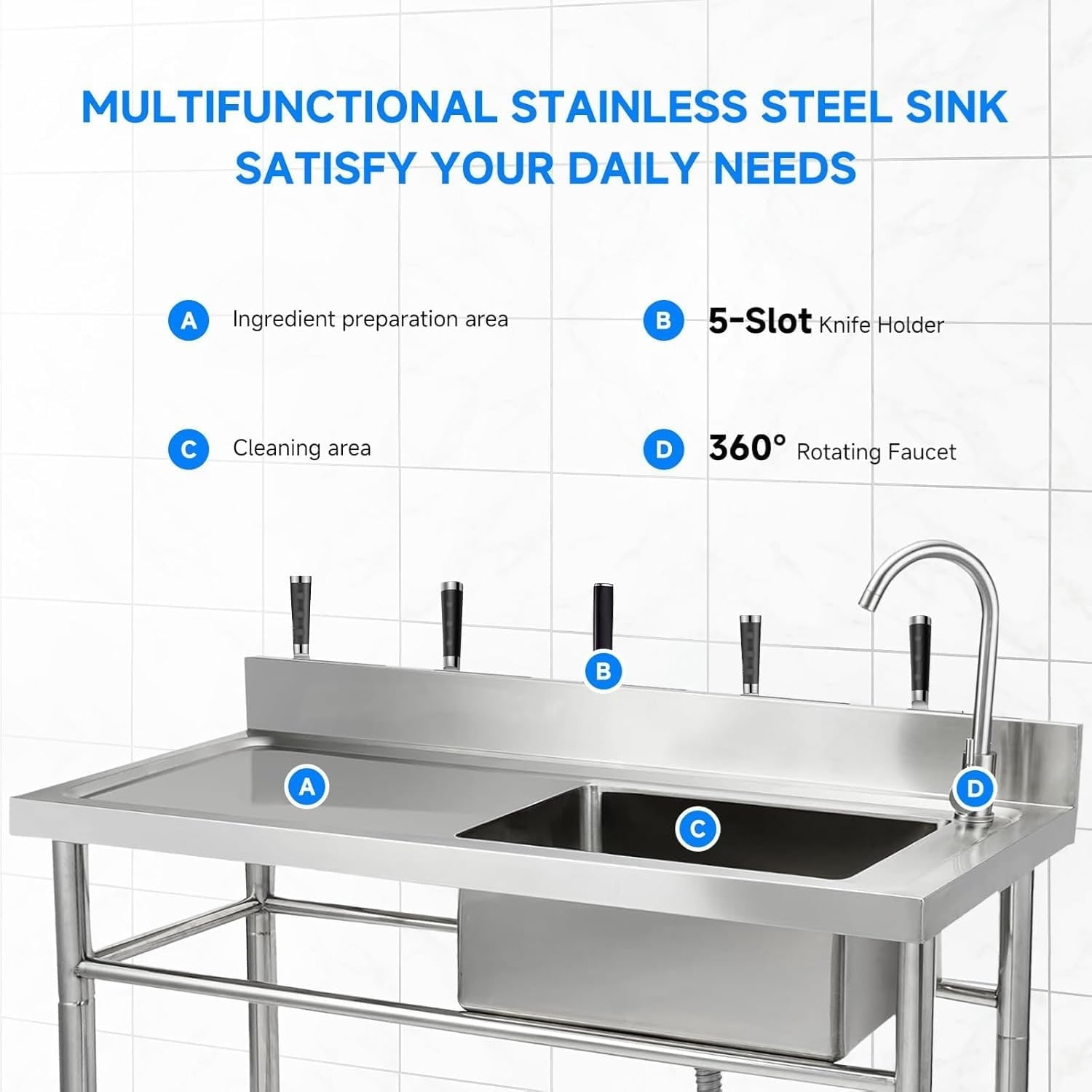 Garvee 47.2 x 33.5 x 19.7Inch Stainless Steel Utility Sink Freestanding Single Bowl with Pull-Out Hot and Cold Faucet