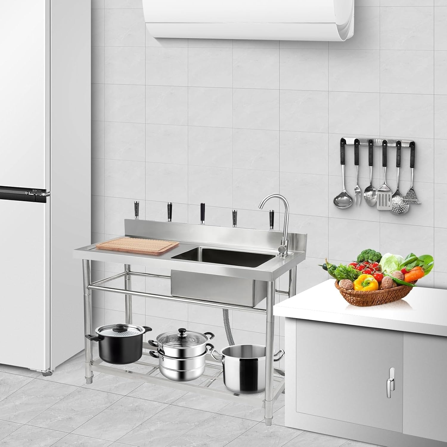 Garvee 47.2 x 33.5 x 19.7Inch Stainless Steel Utility Sink Freestanding Single Bowl with Pull-Out Hot and Cold Faucet