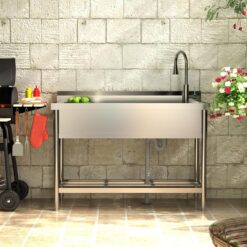 Garvee 47x37x20In Freestanding Stainless Steel Utility Sink Single Bowl Basin with Faucet Hot and Cold Water Pipes