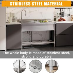 Garvee 47x37x20In Freestanding Stainless Steel Utility Sink Single Bowl Basin with Faucet Hot and Cold Water Pipes