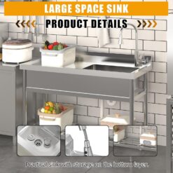 Garvee 47x37x20In Freestanding Stainless Steel Utility Sink Single Bowl Basin with Faucet Hot and Cold Water Pipes