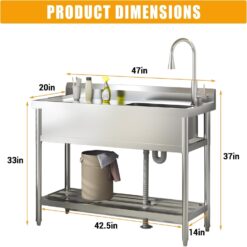 Garvee 47x37x20In Freestanding Stainless Steel Utility Sink Single Bowl Basin with Faucet Hot and Cold Water Pipes