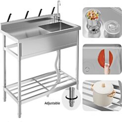 Garvee 47X20x37In Freestanding Single Bowl Kitchen Sink Pull-Out Hot and Cold Faucet Built-in Drain Basket Dish Rack