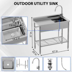 Garvee Freestanding Stainless Steel Utility Basin with Pull-Out Faucet Adjustable Legs and Shelf For Commercial Laundry Room Garage Outdoor Restaurant 47x20x37 Inch