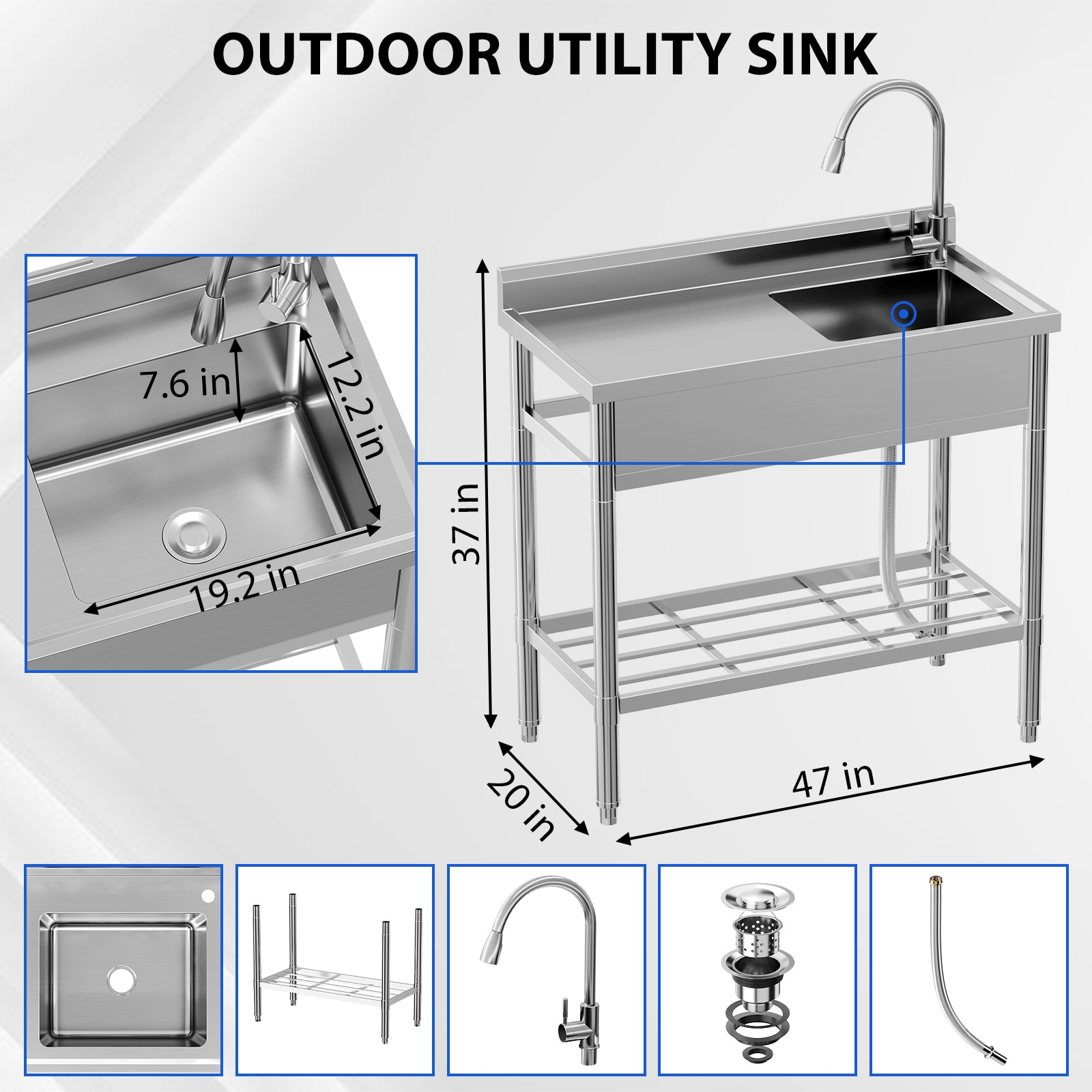 Garvee Freestanding Stainless Steel Utility Basin with Pull-Out Faucet Adjustable Legs and Shelf For Commercial Laundry Room Garage Outdoor Restaurant 47x20x37 Inch