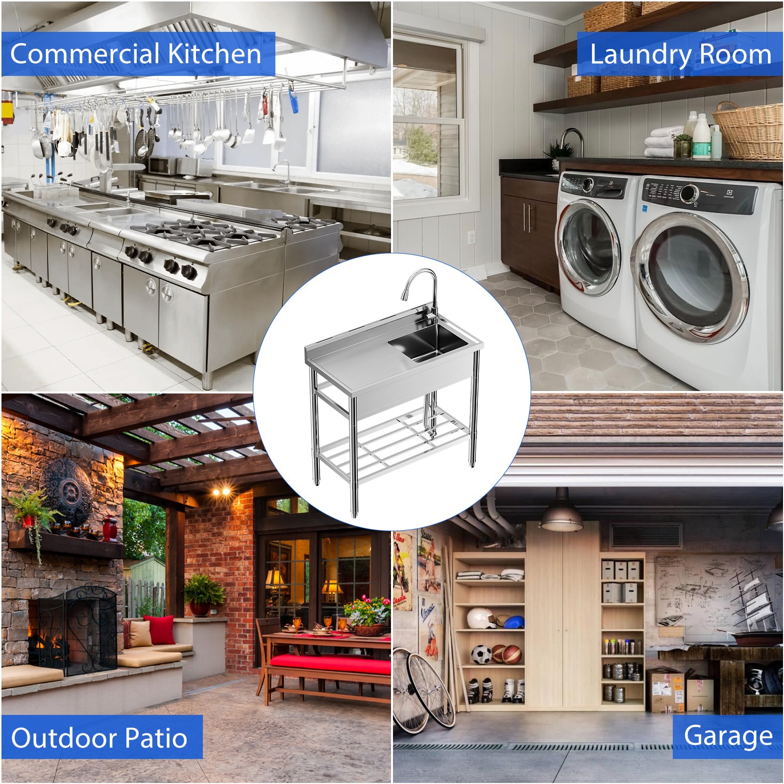 Garvee Freestanding Stainless Steel Utility Basin with Pull-Out Faucet Adjustable Legs and Shelf For Commercial Laundry Room Garage Outdoor Restaurant 47x20x37 Inch
