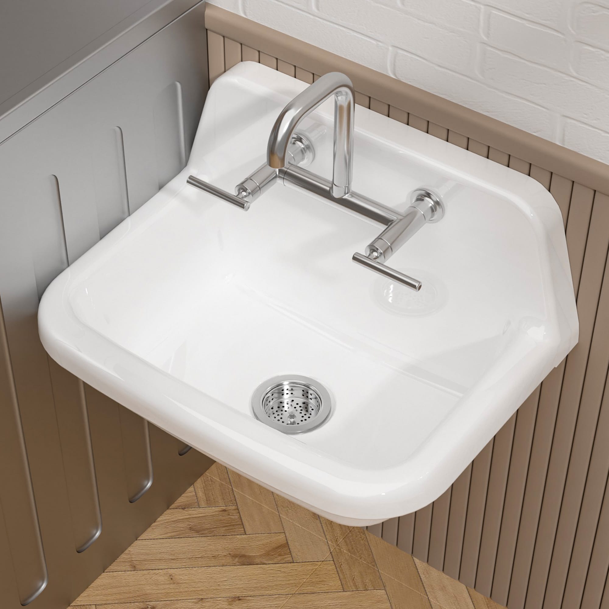 Miuara 24 In White Fireclay Farmhouse Kitchen Sink and Utility Sink Wall Mount or Top Mount High Back Single Bowl for Garage Laundry Room Bathroom Use