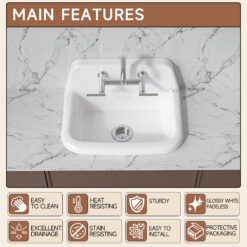 Miuara 24 In White Fireclay Farmhouse Kitchen Sink and Utility Sink Wall Mount or Top Mount High Back Single Bowl for Garage Laundry Room Bathroom Use