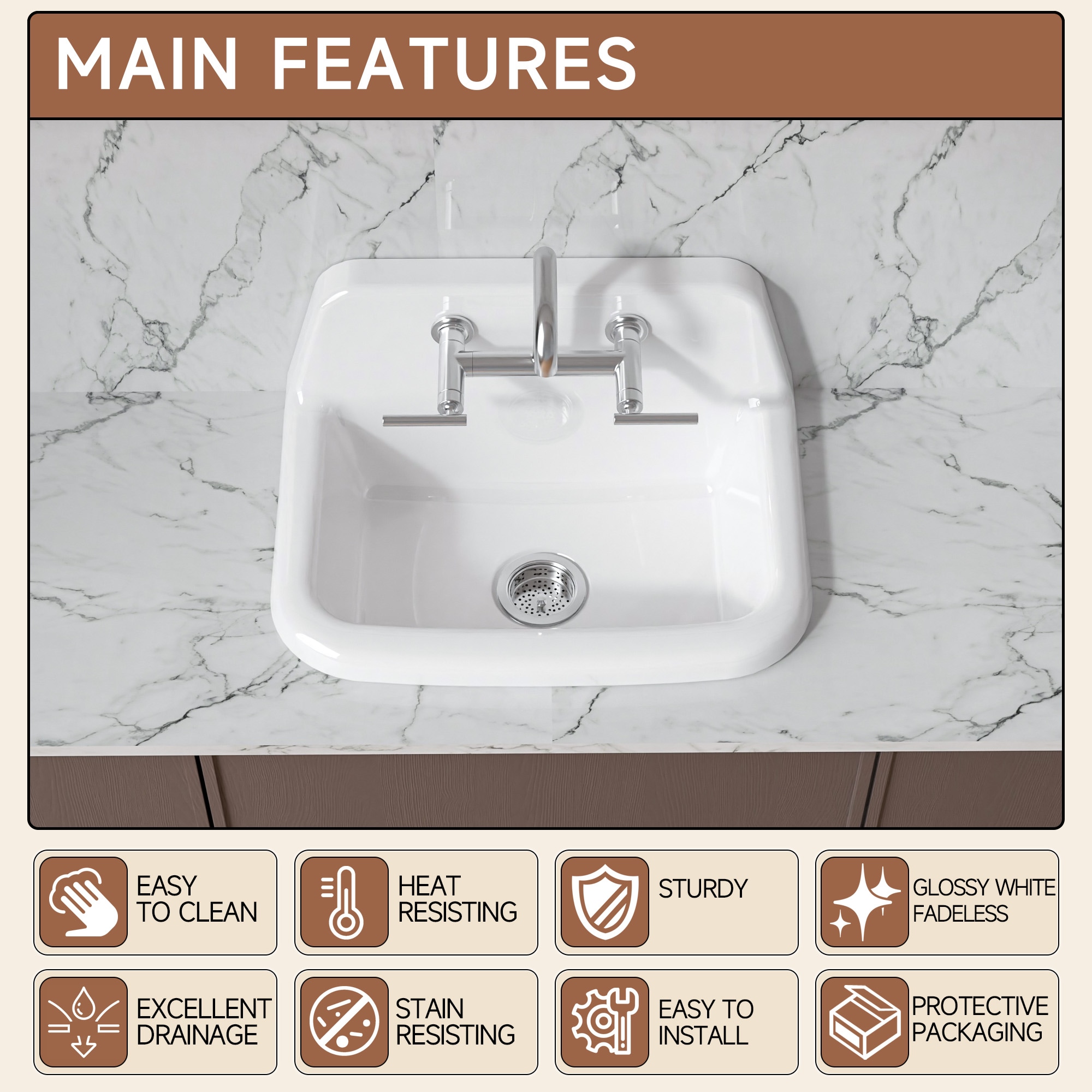 Miuara 24 In White Fireclay Farmhouse Kitchen Sink and Utility Sink Wall Mount or Top Mount High Back Single Bowl for Garage Laundry Room Bathroom Use