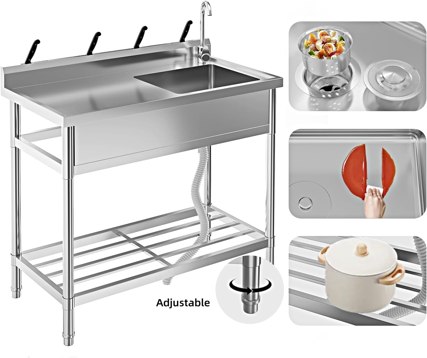 Garvee Stainless Steel Utility Sink Free Standing Single Bowl Sink with Faucet Legs Cold and Hot Water Pipe for Laundry Kitchen Garage Outdoor Garden Heavy-Duty Easy to Clean