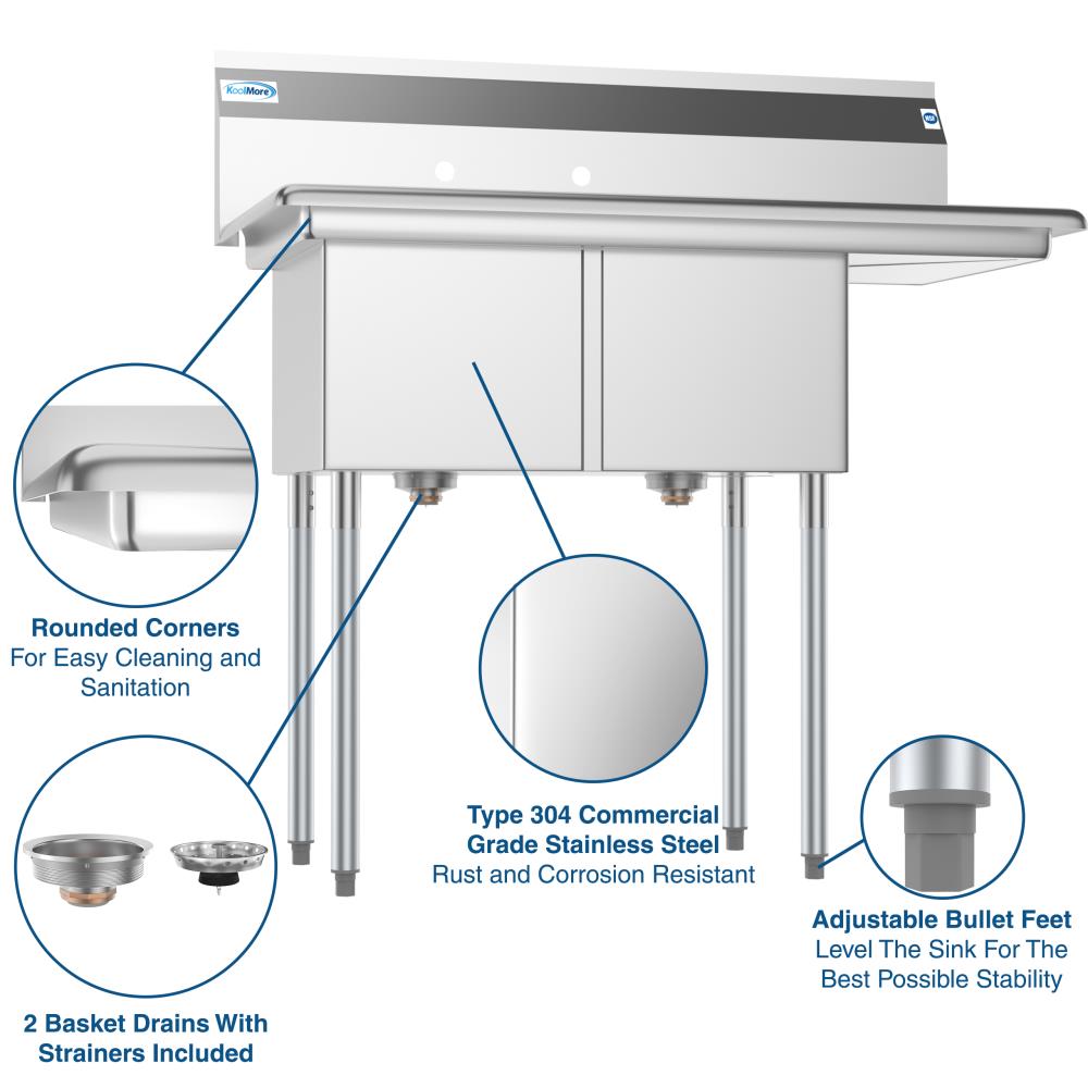 KoolMore 22-in x 43-in 2 -Basin Stainless Steel Freestanding Utility tub with Drain